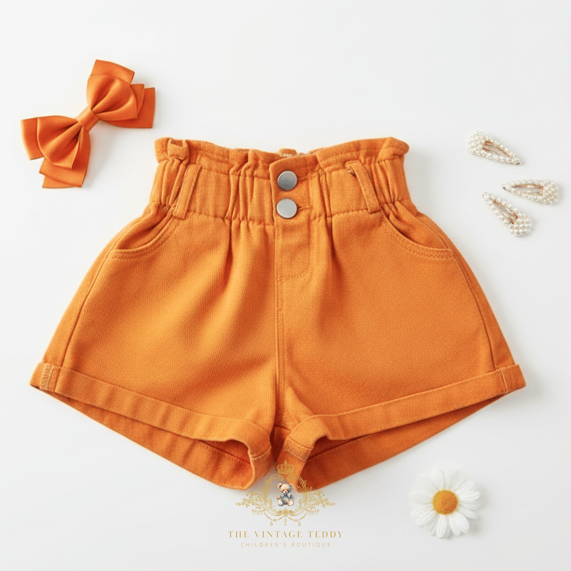 A pair of bright orange high-waisted shorts for toddlers, styled in a flat lay with an orange bow, pearl hair clips, a daisy flower, and a brand watermark at the bottom.
