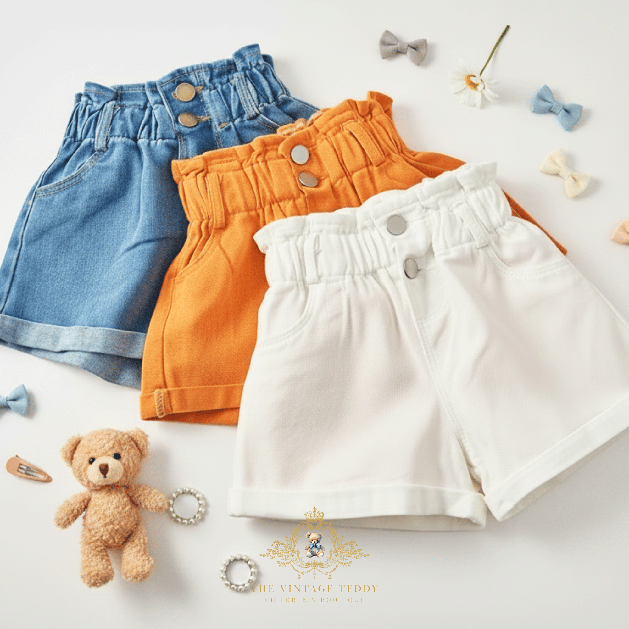 Three pairs of little girls' high-waisted shorts are arranged in a flat lay on a white background: light blue denim, orange and white. Decorative bows, a teddy bear, rings, and small accessories surround the shorts.