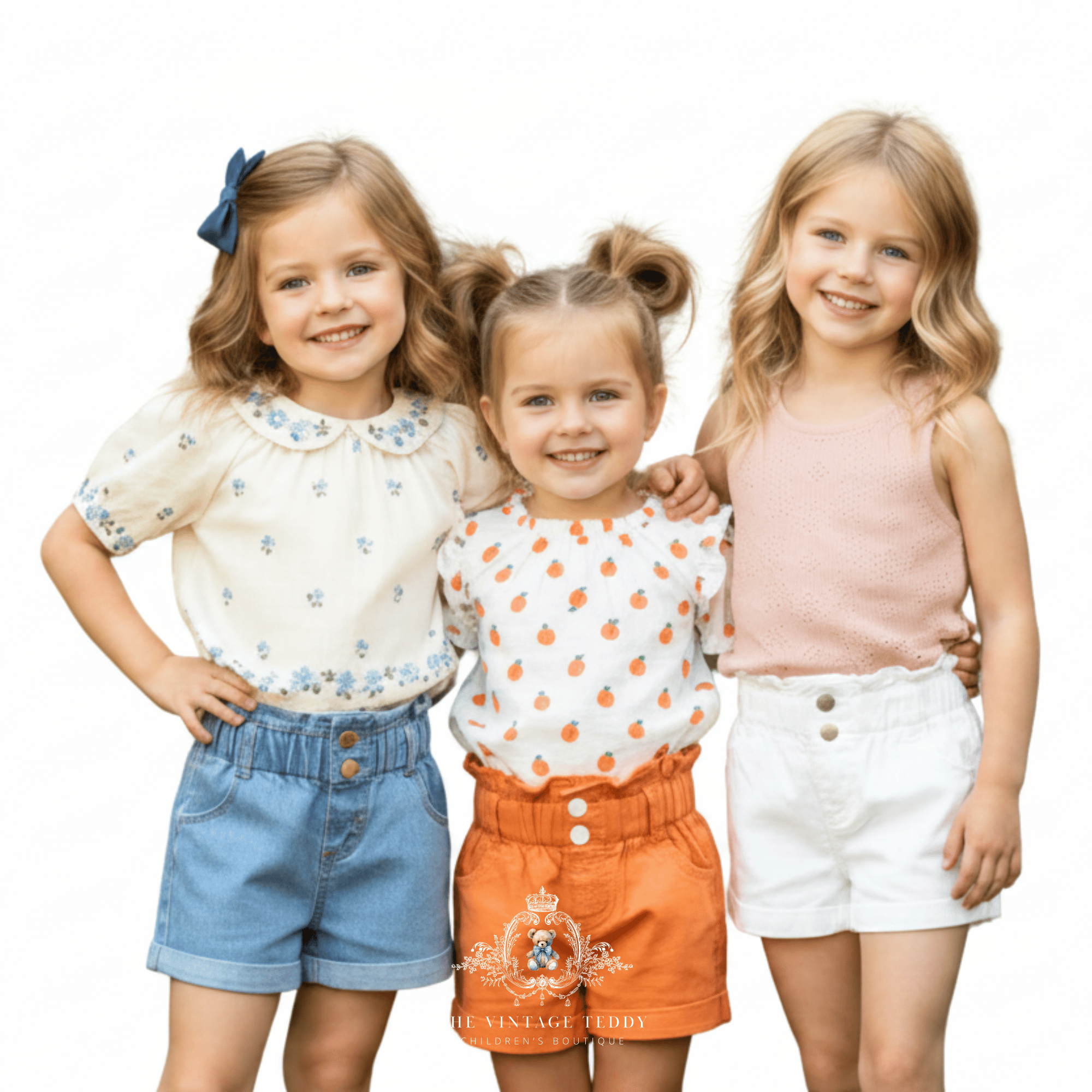 Three young girls standing together against a white studio background, wearing coordinated summer outfits. The girls are wearing matching denim jean shorts in blue, white and tangerine colors.