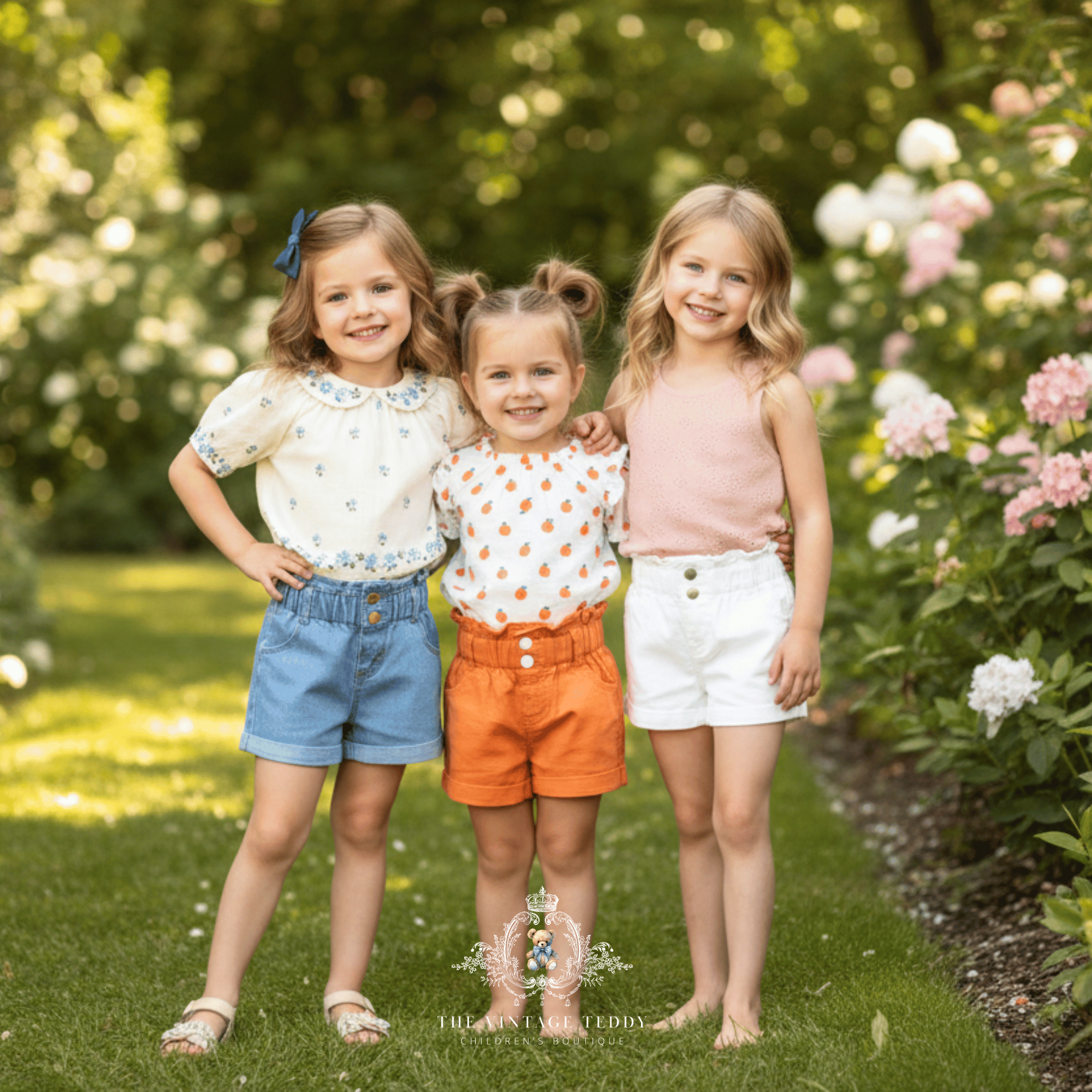 Three young girls standing together on a grassy garden path, wearing coordinated summer outfits for kids. All three girls are wearing matching high-waisted denim shorts in blue, white and orange. Logo watermark at the bottom that reads The Vintage Teddy.