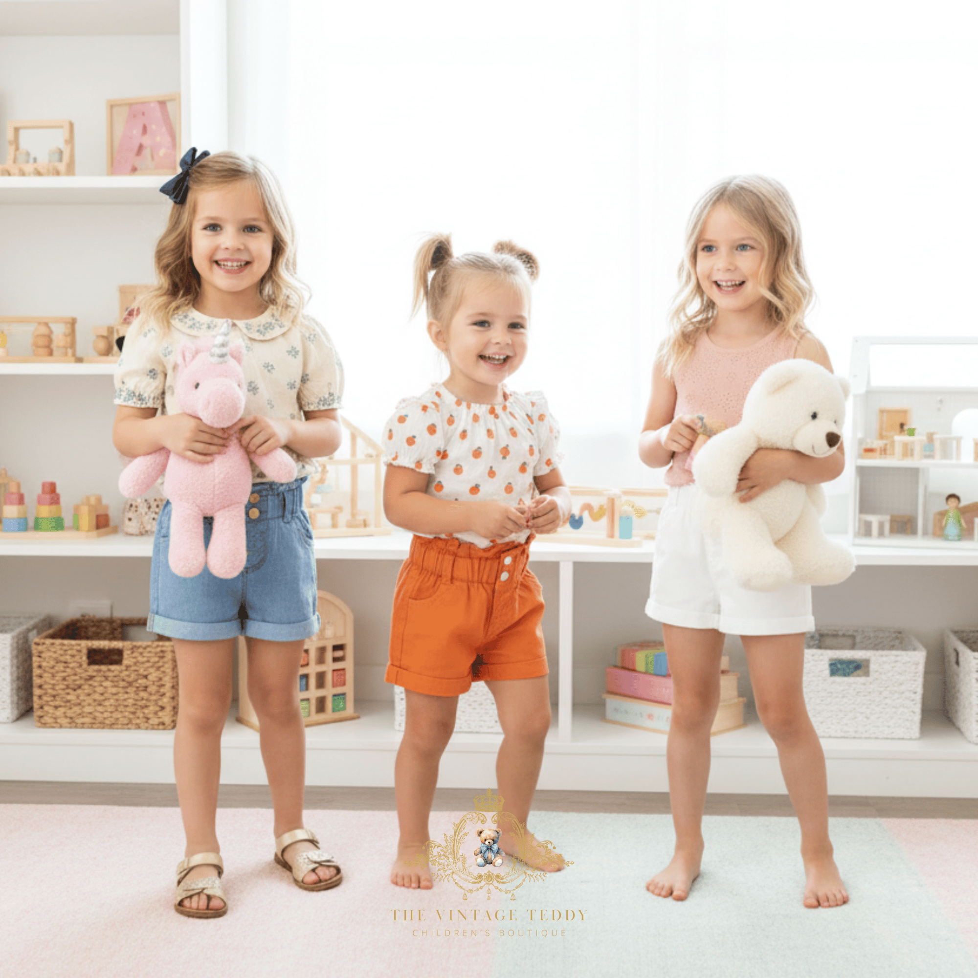 Three young girls standing in a bright, toy-filled playroom, two girls are holding plush stuffed animals: a pink unicorn and a cream bear. The girls are dressed in colorful kids summer outfits, and shelves of toys and books are visible in the background.