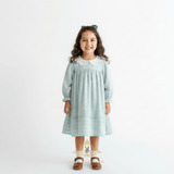 Girls Long Sleeve Eyelet Embroidered Lace Bib Collar Dress Plaid