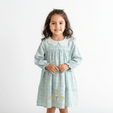 Girls Long Sleeve Eyelet Embroidered Lace Bib Collar Dress Plaid