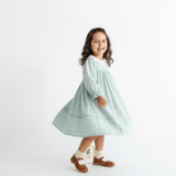 Girls Long Sleeve Eyelet Embroidered Lace Bib Collar Dress Plaid