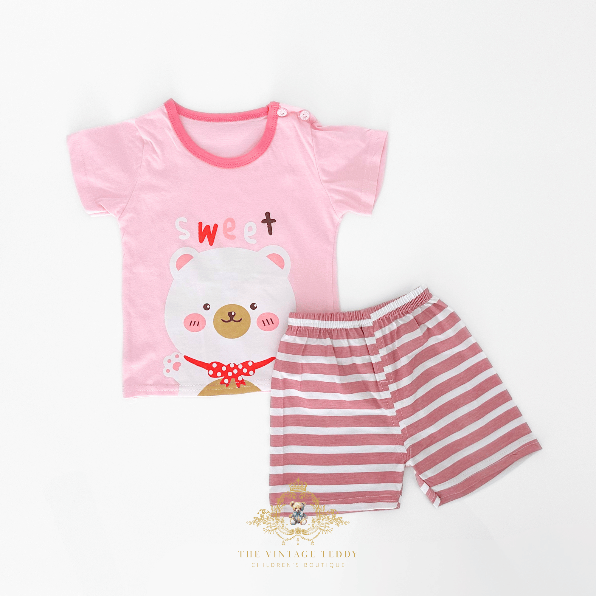 Girls Sweet Bear matching set front view toddler graphic t-shirt and shorts children's boutique kids clothes