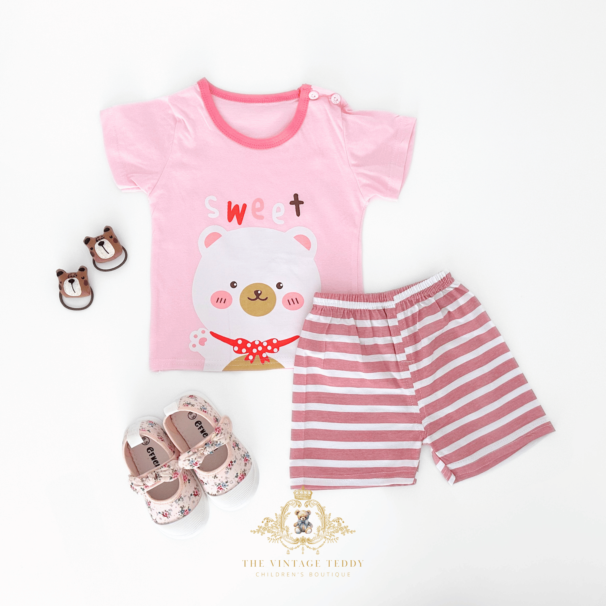 Girls Sweet Bear matching set styled with hair accessories and kids sneakers toddler summer outfit boutique kids clothes