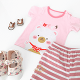 Close up of girls Sweet Bear matching set with kids accessories toddler boutique clothing for girls