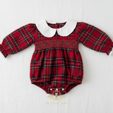 Girls Smocked Holiday Long Sleeve Romper Bubble Plaid