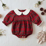 Girls Smocked Holiday Long Sleeve Romper Bubble Plaid