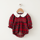 Girls Smocked Holiday Long Sleeve Romper Bubble Plaid