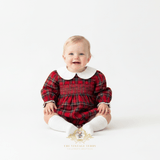 Girls Smocked Holiday Long Sleeve Romper Bubble Plaid