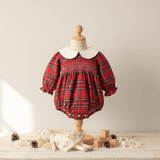 Girls Smocked Holiday Long Sleeve Romper Bubble Plaid