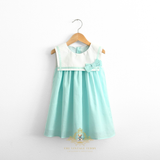 Girls Sailor Dress & Hair Bow Accessories Set Nautical Sleeveless Aqua
