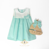 Girls Sailor Dress & Hair Bow Accessories Set Nautical Sleeveless Aqua