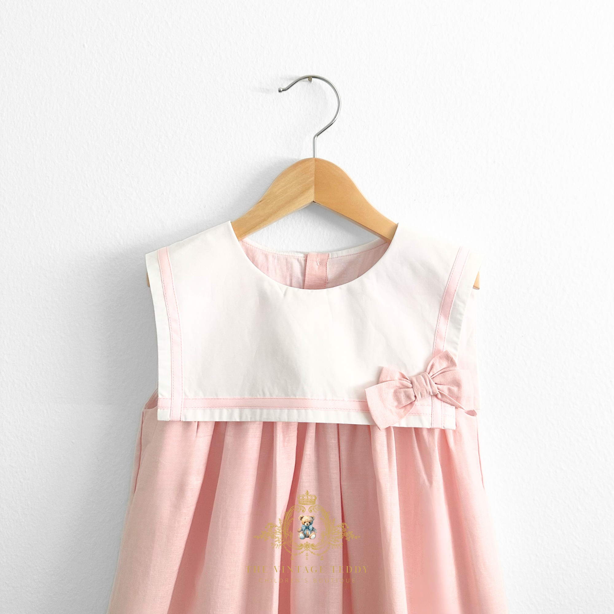 Girls Sailor Dress & Hair Bow Accessories Set Nautical Sleeveless Pink