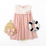 Girls Sailor Dress & Hair Bow Accessories Set Nautical Sleeveless Pink