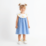 Girls Embroidered Bib Collar Dress Blue Gingham & Yellow Ducky