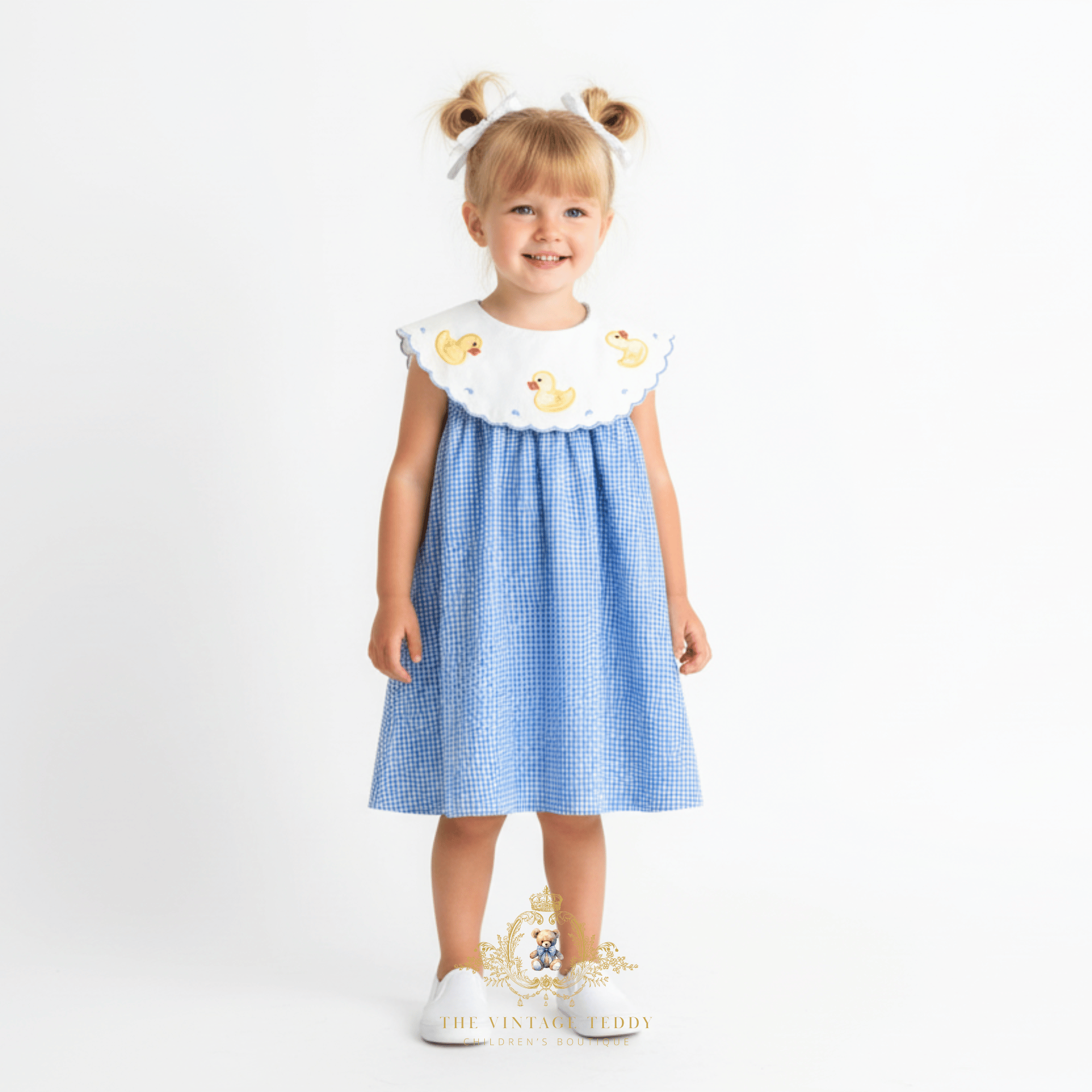 blue oktoberfest dress Girls Blue Gingham Yellow Ducky Embroidered Dress