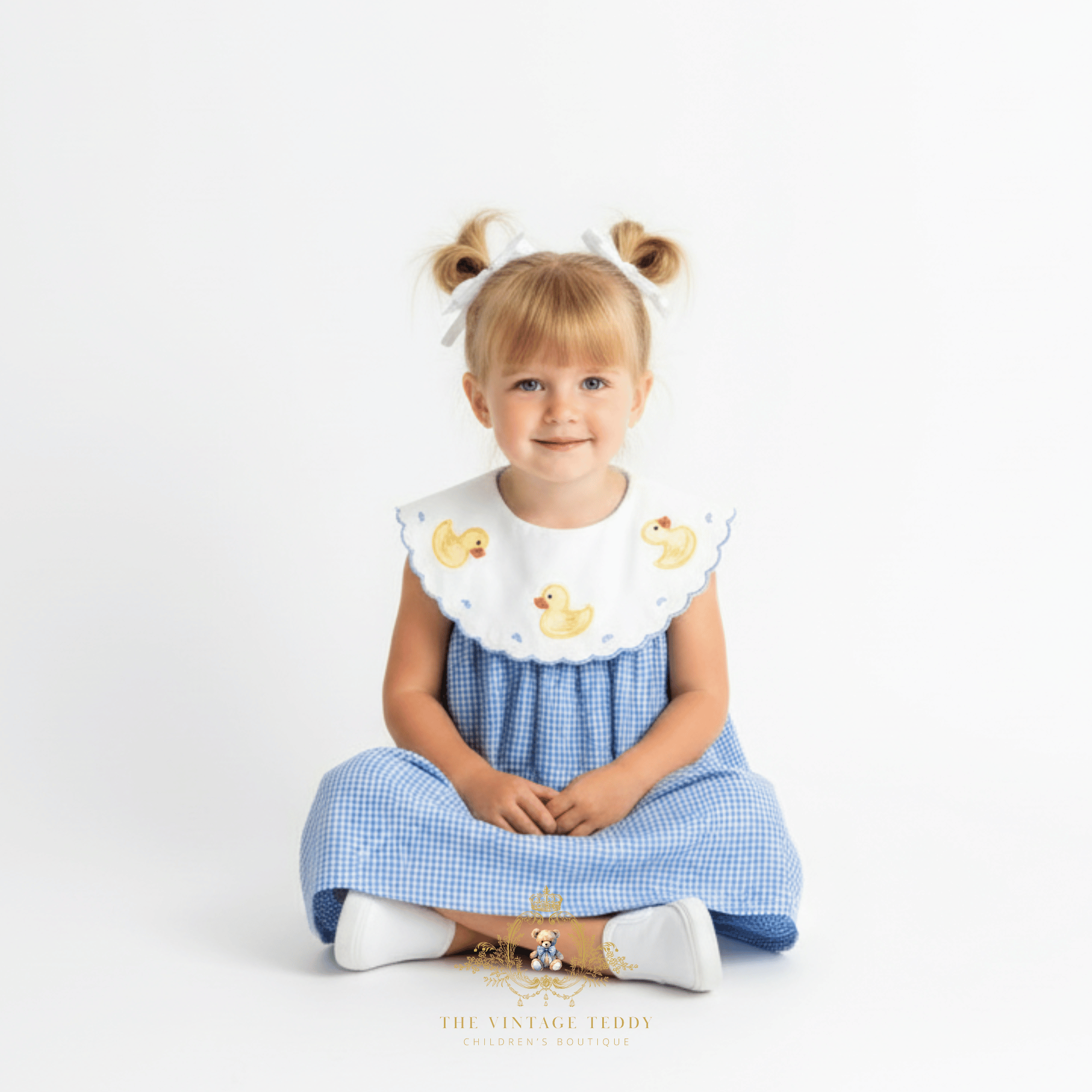 Girls Blue Gingham Yellow Ducky Embroidered Dress | The Vintage Teddy Girls Blue Gingham Yellow Ducky Embroidered Dress | The Vintage Teddy