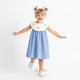 Girls Embroidered Bib Collar Dress Blue Gingham & Yellow Ducky