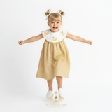 Girls Embroidered Bib Collar Dress Golden Gingham & Yellow Ducky