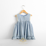 Girls Sun Dress Checkered Lace Ruffles Bohemian Cornflower Blue