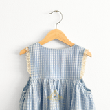 Girls Sun Dress Checkered Lace Ruffles Bohemian Cornflower Blue