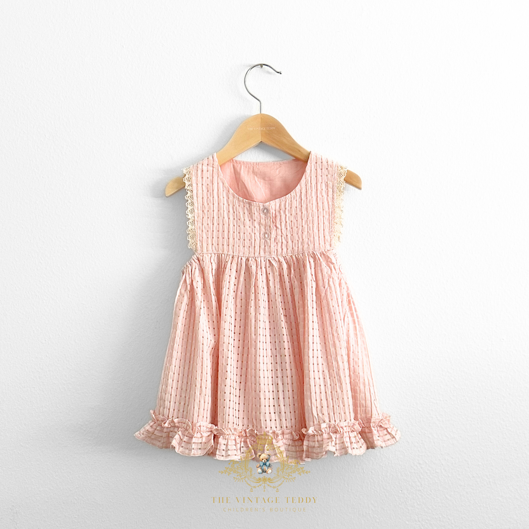Girls Sun Dress Checkered Lace Ruffles Bohemian Blush Pink