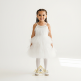 Girls Layered Tulle Beaded Fringe Tutu Dress White