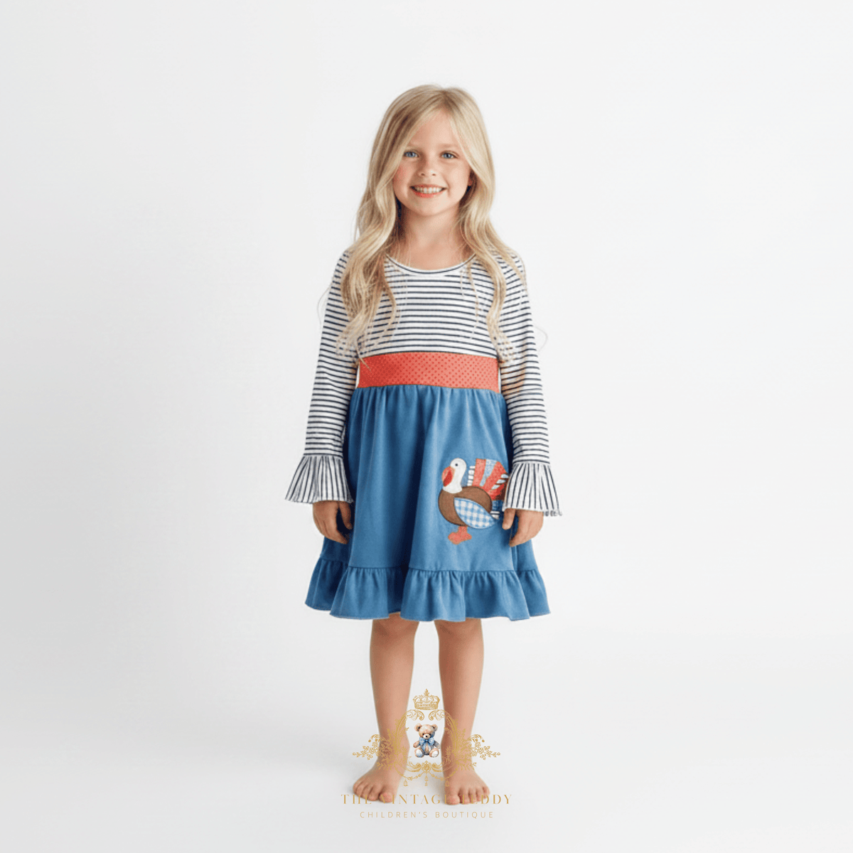 Girls Turkey Embroidered Long Sleeve Dress | Thanksgiving Outfit