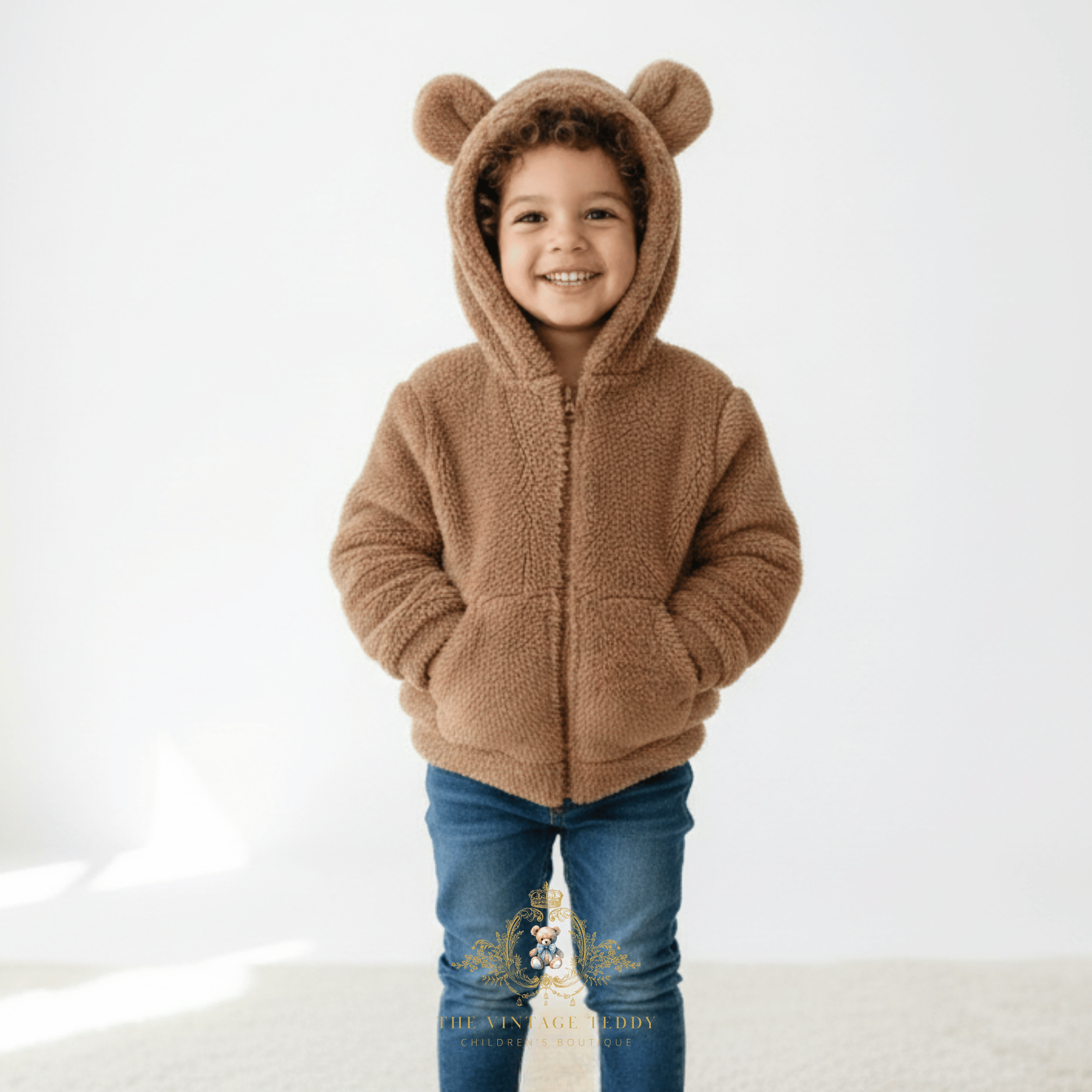 A young child wearing a brown teddy fleece zip-up hoodie with bear ears on the hood, paired with blue jeans, standing against a clean white studio background.