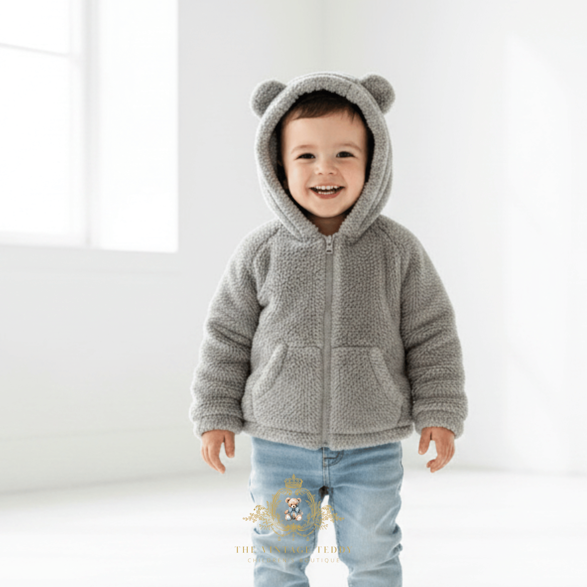 A smiling toddler boy wearing a cozy gray fleece sherpa zip-up hoodie with bear ears on the hood and light blue jeans, standing in a bright white room.