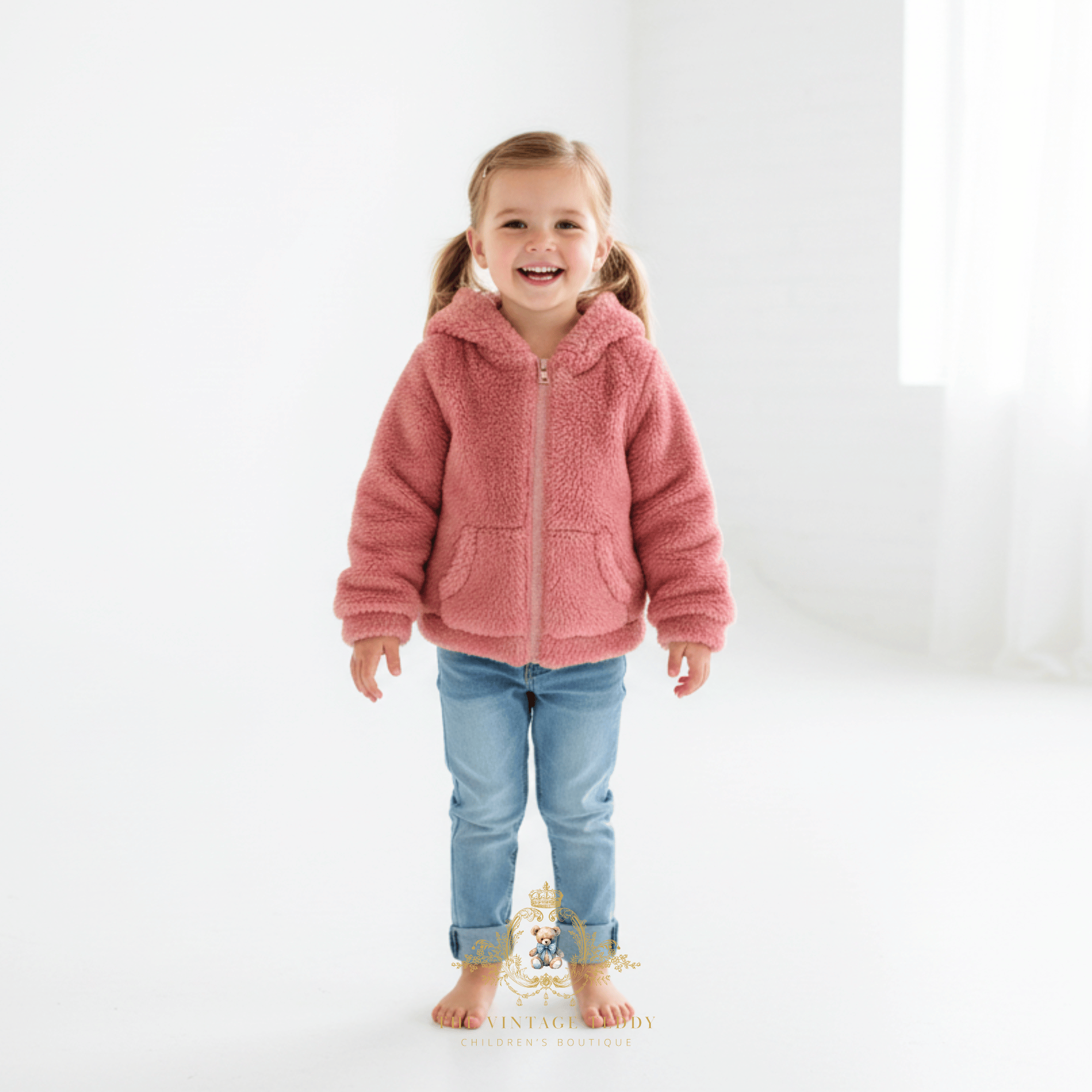 A happy young girl with blonde pigtails stands barefoot in a bright white studio, wearing a pink sherpa fleece zip-up hoodie and light blue jeans.