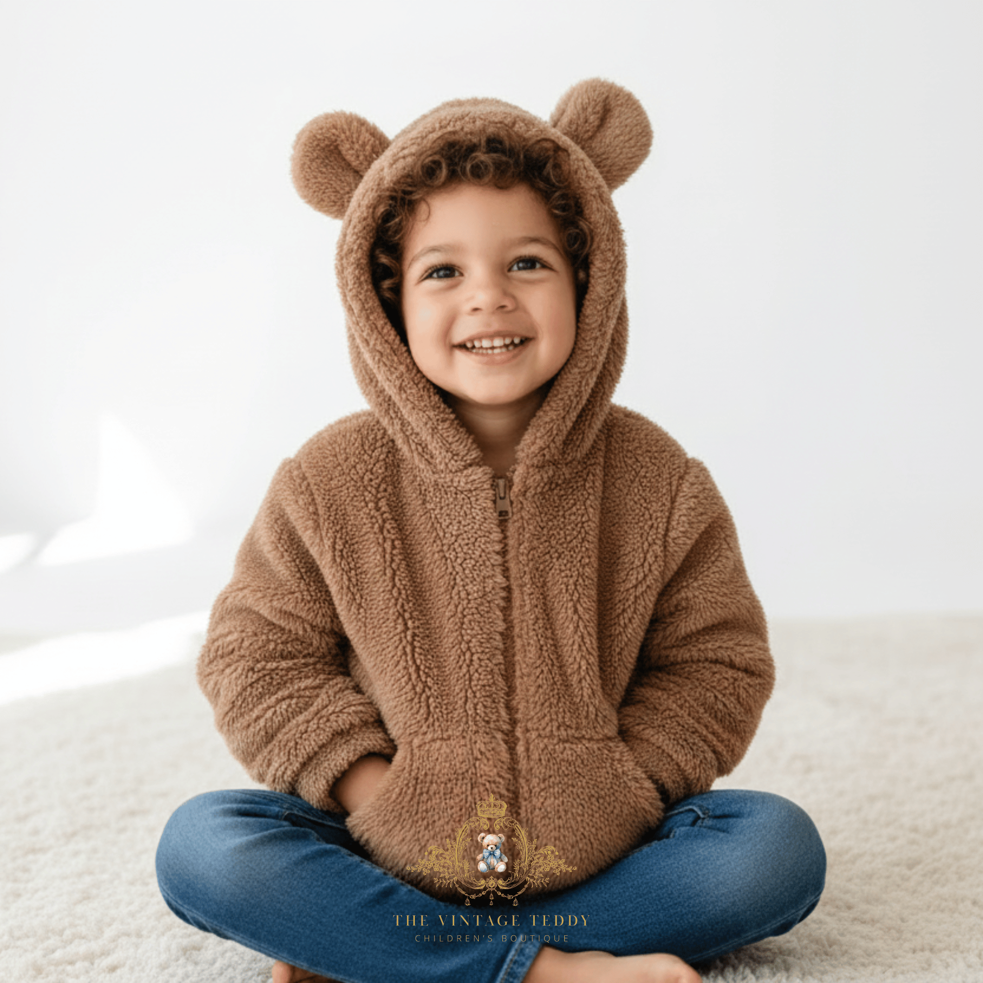 A smiling young child wearing a brown teddy fleece hooded jacket with bear ears on the hood and blue jeans, sitting cross-legged on a light cream rug. The brand name 'THE VINTAGE TEDDY' is visible as a watermark at the bottom.