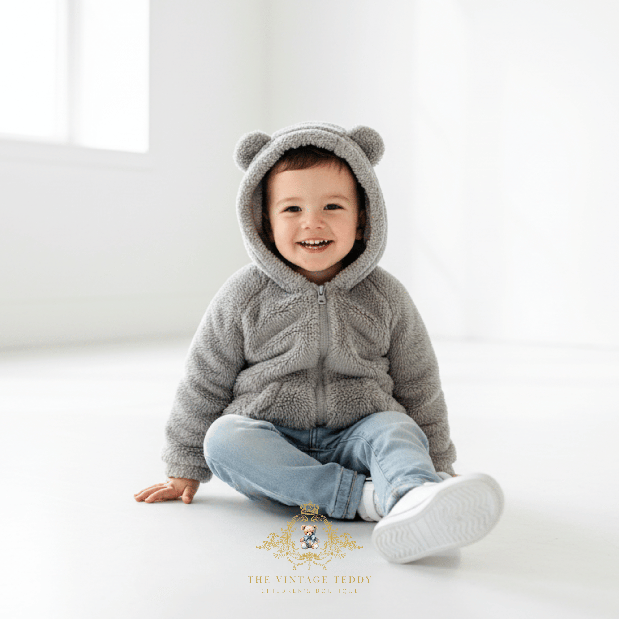 A smiling toddler boy sits on a white floor wearing a gray sherpa zip-up hooded jacket with bear ears on the hood, paired with light blue jeans and white sneakers. A watermark at the bottom reads 'The Vintage Teddy Children's Collection'.