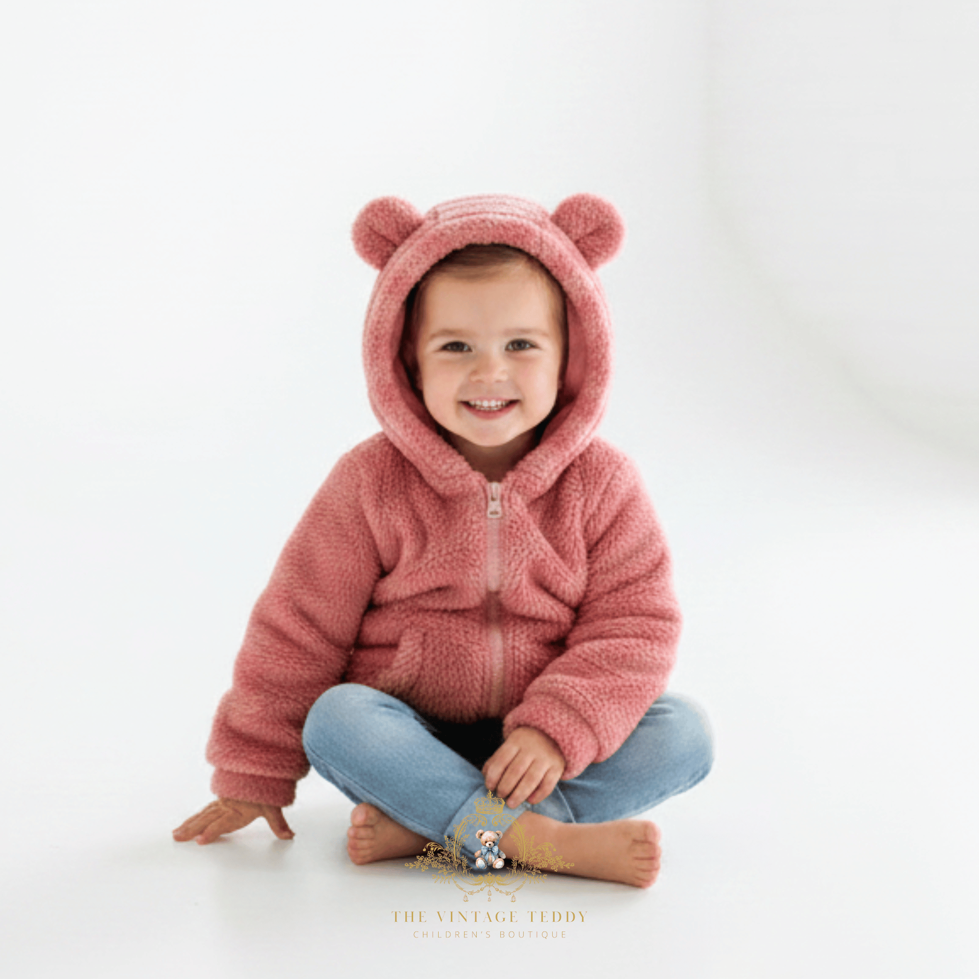 A smiling toddler sits cross-legged on a white studio floor wearing a dusty pink sherpa zip-up hooded jacket with bear ears on the hood and light blue jeans. A watermark at the bottom reads The Vintage Teddy Children's Boutique.