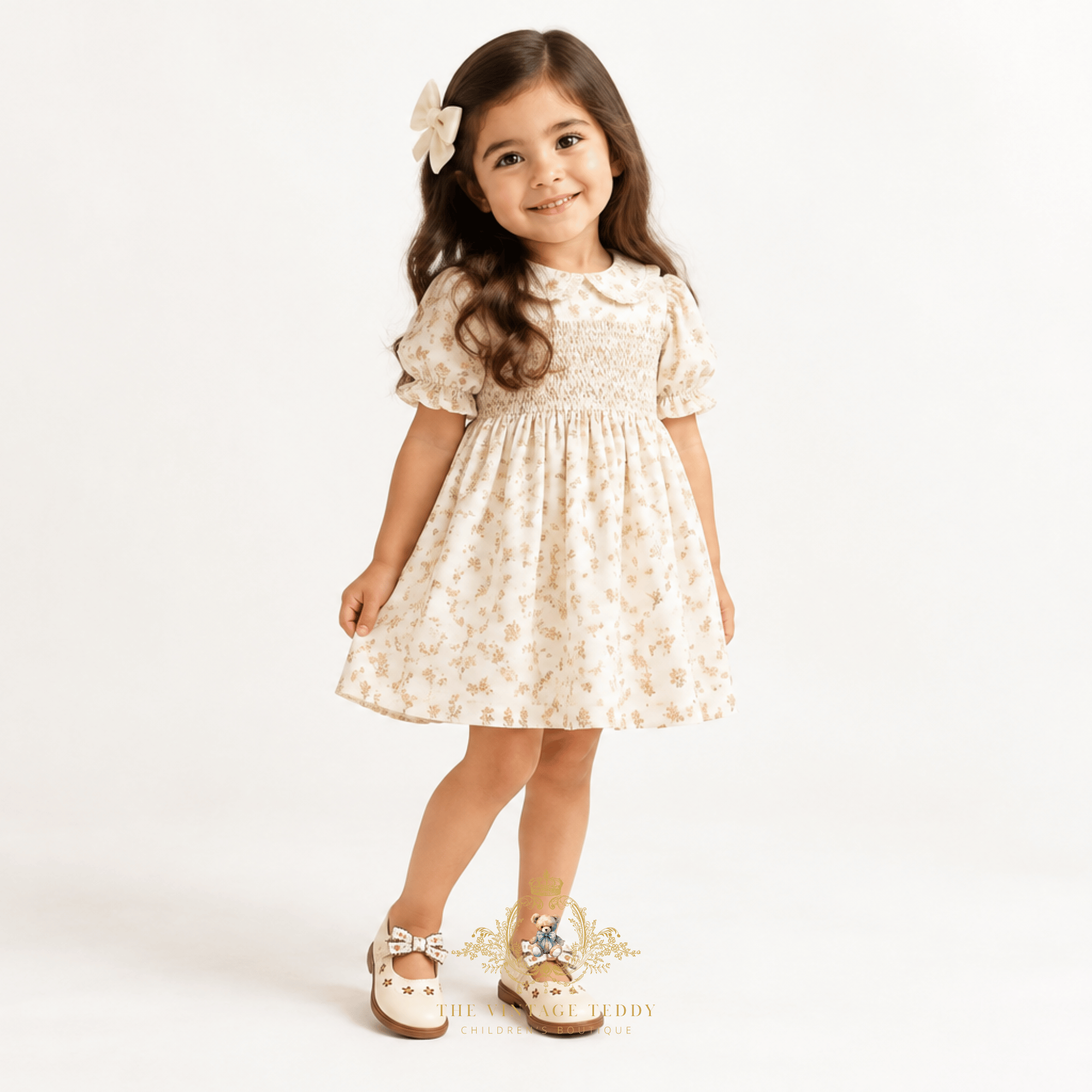A young girl wearing a cream dress with a bow in her brown wavy hair and Mary Jane flat shoes for kids on a white studio background with The Vintage Teddy's brand logo bottom center.