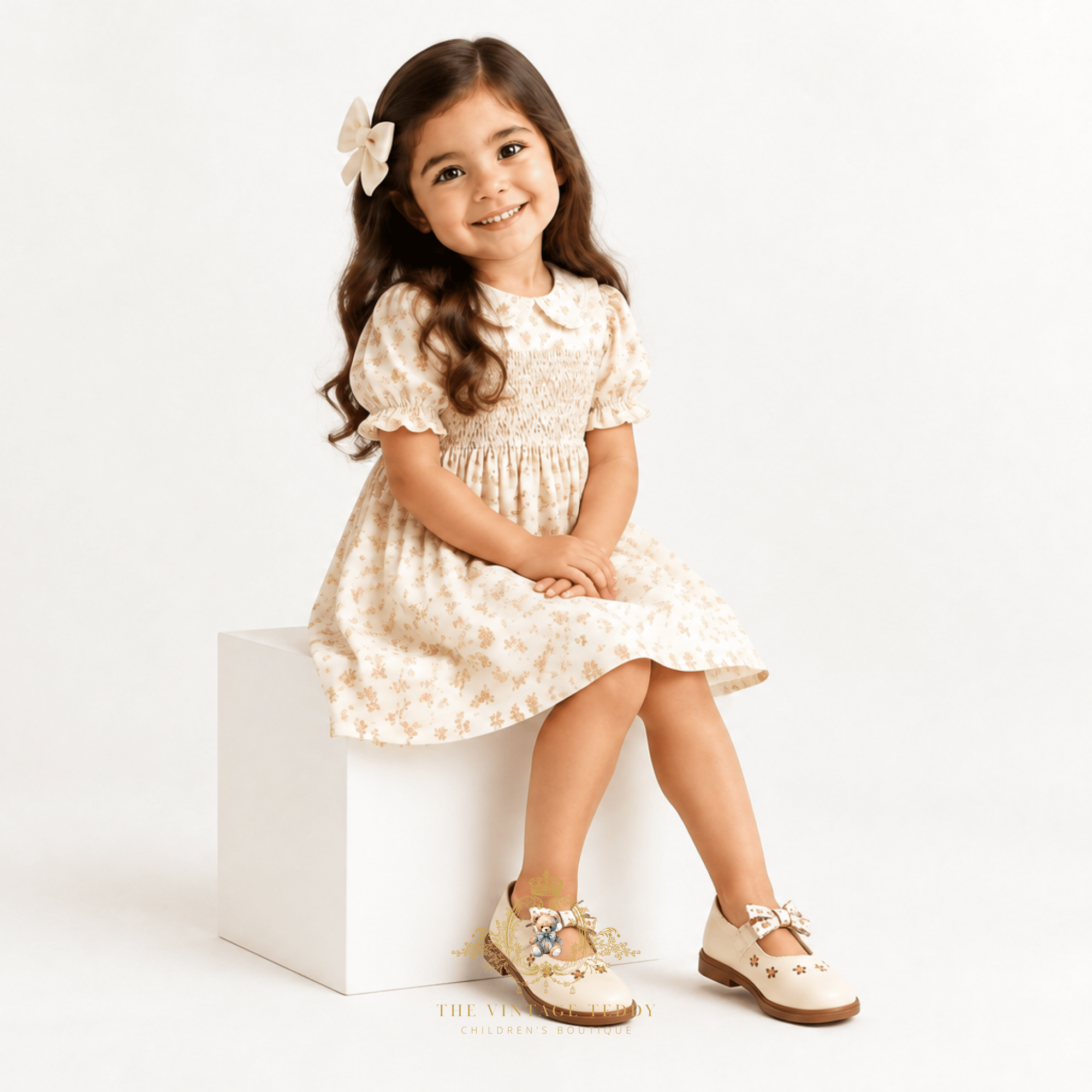 A young girl wearing Mary Jane flats children's shoes with a cream smocked dress with a bow in her hair, sitting on a white cube in a white studio background setting, at the bottom there is a The Vintage Teddy's brand logo.