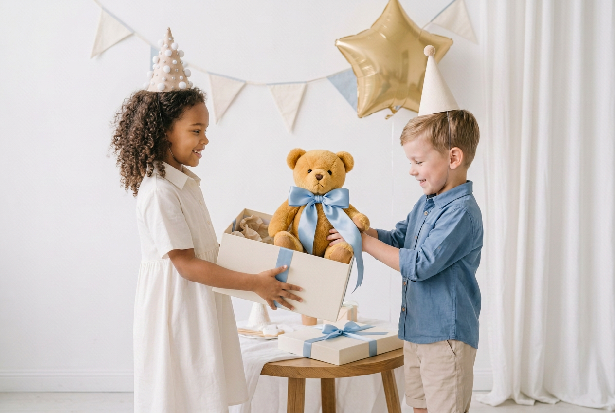 A young boy and girl wearing party hats are celebrating a kids birthday, with the girl holding an open gift box containing a The Vintage Teddy's brown teddy bear wearing a french blue bow while the boy looks on. The background features a white curtain, a gold star balloon, and a bunting banner.