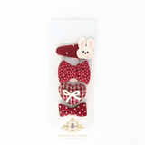 Girls Hair Clips Plush Embroidered Bunny Bows Gingham & Polkadots Red & White