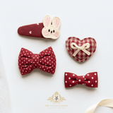 Girls Hair Clips Plush Embroidered Bunny Bows Gingham & Polkadots Red & White
