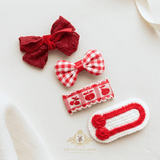 Girls Hair Clips Embroidered Crochet Cherries Gingham Red & White