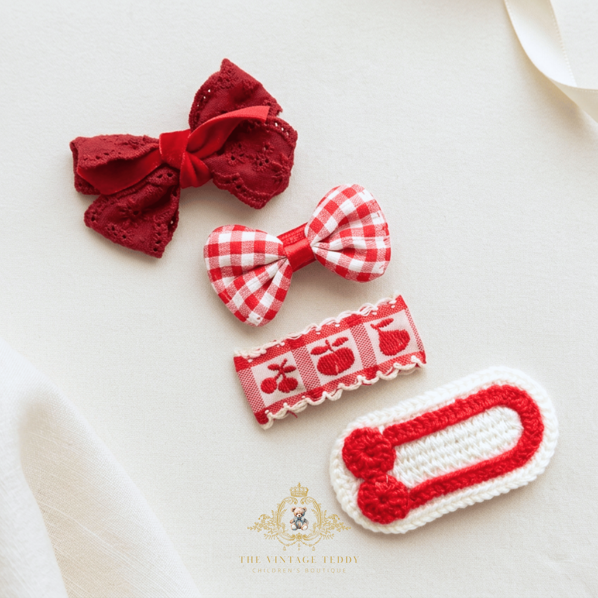 Four red and white baby or toddler hair accessories arranged on a cream fabric background, including two bow clips, a patterned hair tie, and a crocheted headband. A brand watermark for 'The Vintage Teddy' is visible at the bottom.