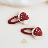 Girls Hair Clips Plush Crochet Mushrooms Embroidered Hearts Lace Pearls Red & White