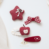 Girls Hair Clips Plush Embroidered Teddy Bear Star Apple Bows Gingham & Stripes Red & White