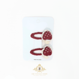 Girls Hair Clips Plush Crochet Mushrooms Embroidered Hearts Lace Pearls Red & White