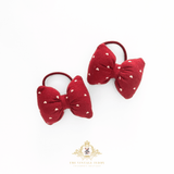 Girls Hair Ties Stuffed Plush Bows Hearts Red & White Set of 2