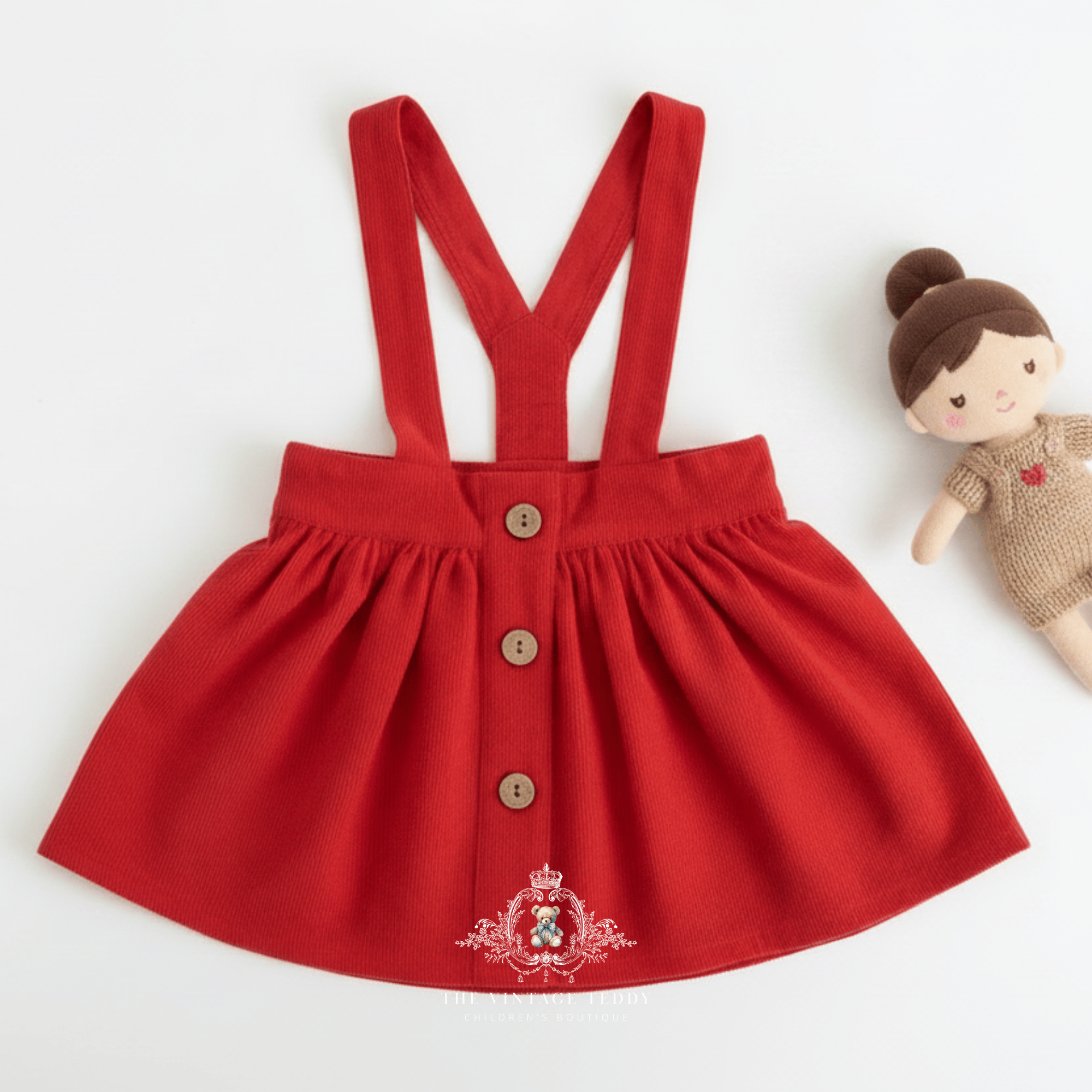 A red baby girl's corduroy skirt with suspenders, featuring buttons at the front. The corduroy is displayed flat on a white background next to a small handmade doll. The Vintage Teddy logo in white at the bottom.