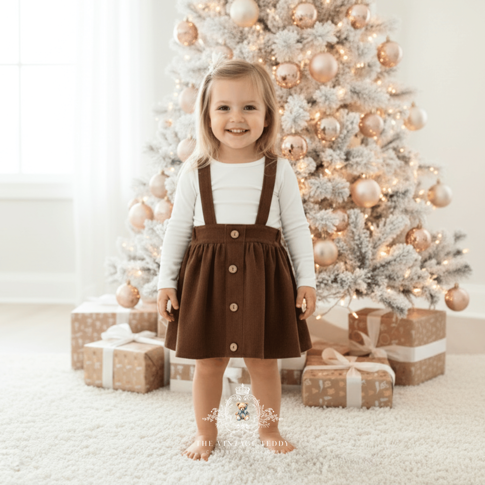 A little girl smiling and standing on a white shag rug in front of a decorated Christmas tree, wearing a brown skirt with suspenders  over a white long-sleeve top, white tights, with wrapped gifts and presents under the tree. The Vintage Teddy watermark in white is visible at the bottom of the image.