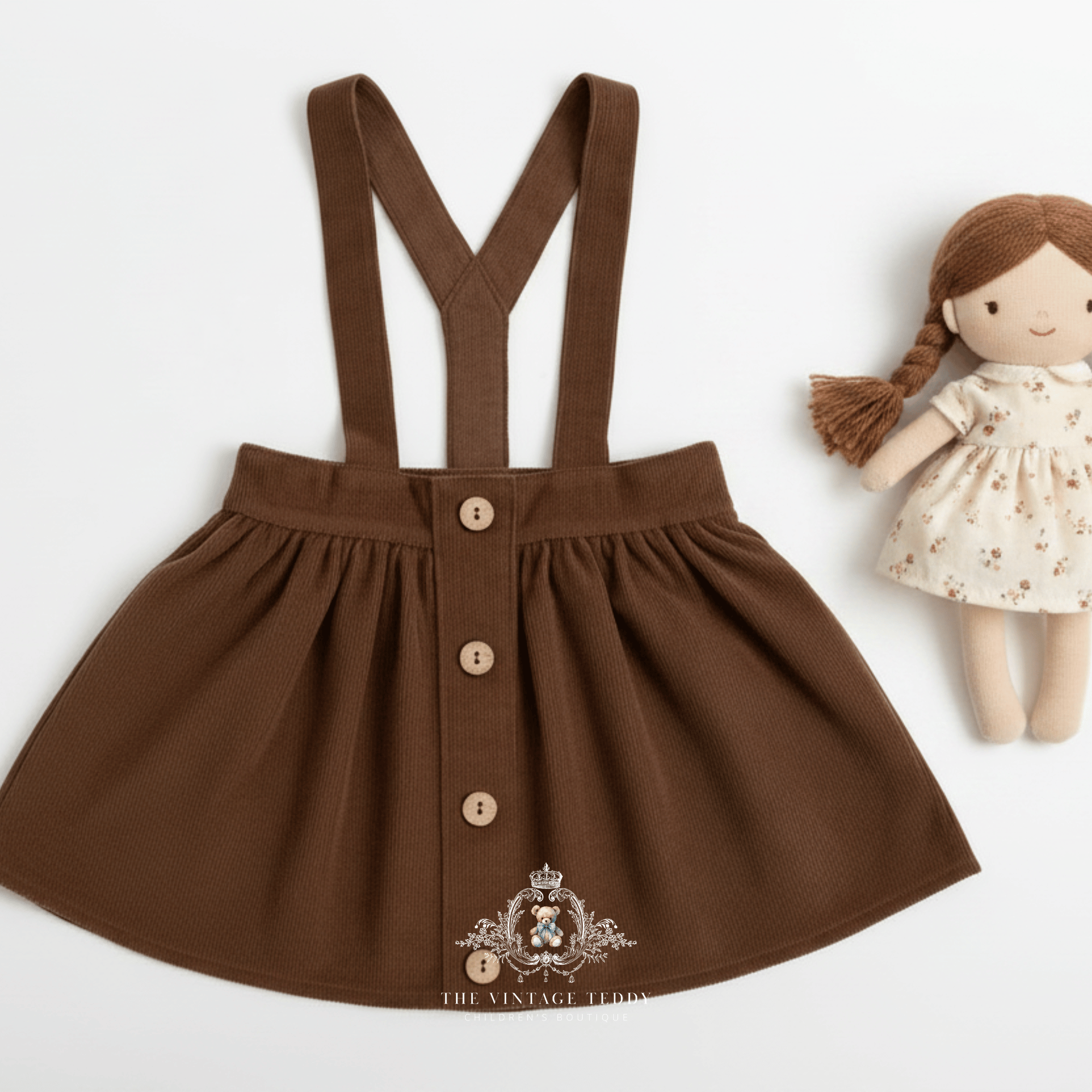 A fall brown girl's corduroy skirt with suspenders, featuring buttons at the front. The corduroy skirt is displayed flat on a white background next to a small handmade doll. The Vintage Teddy logo in white at the bottom.
